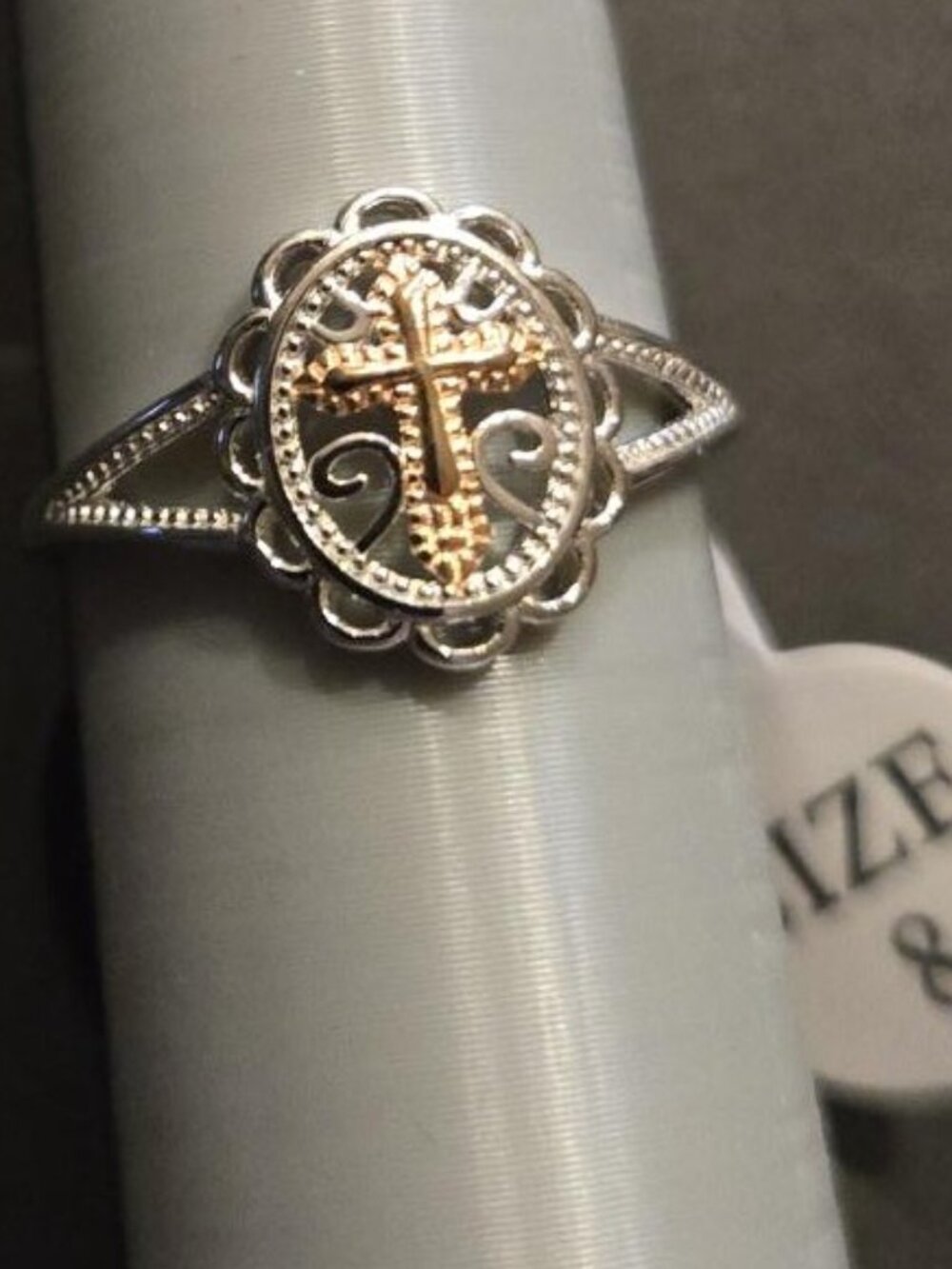 Ring Silver Tone with Gold Tone Cross Size 8